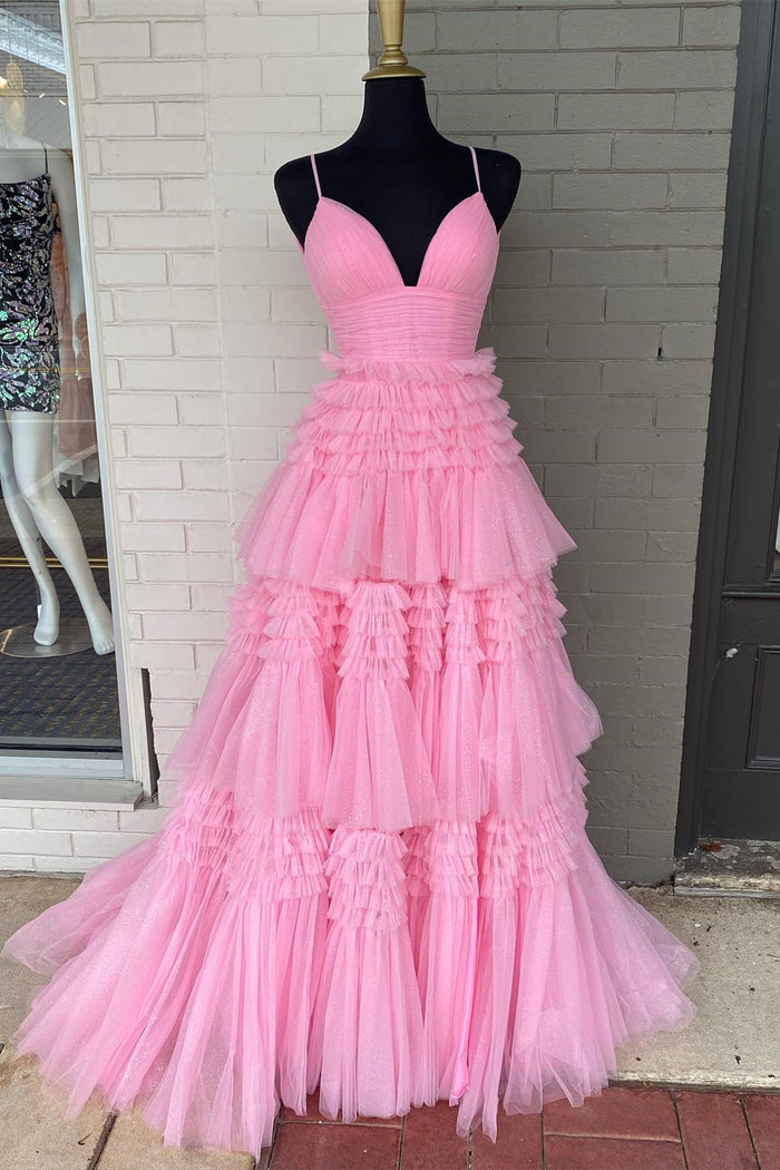 Princess Pink Tiered Layers Tulle Long Formal Gown