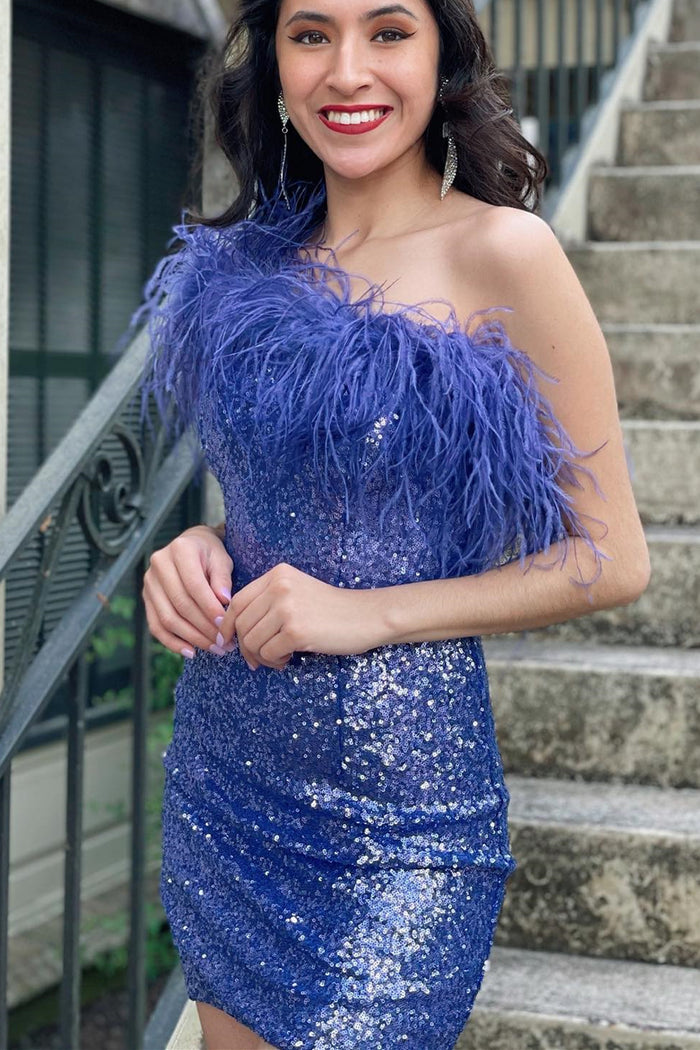 One-Shoulder Light Blue Sequins Feather Mini Homecoming Dress