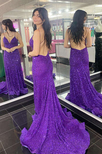 Purple Sequin V-Neck Open Back Mermaid Long Formal Dress