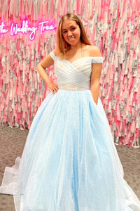 Sparkle Light Blue Off-the-Shoulder A-Line Prom Gown