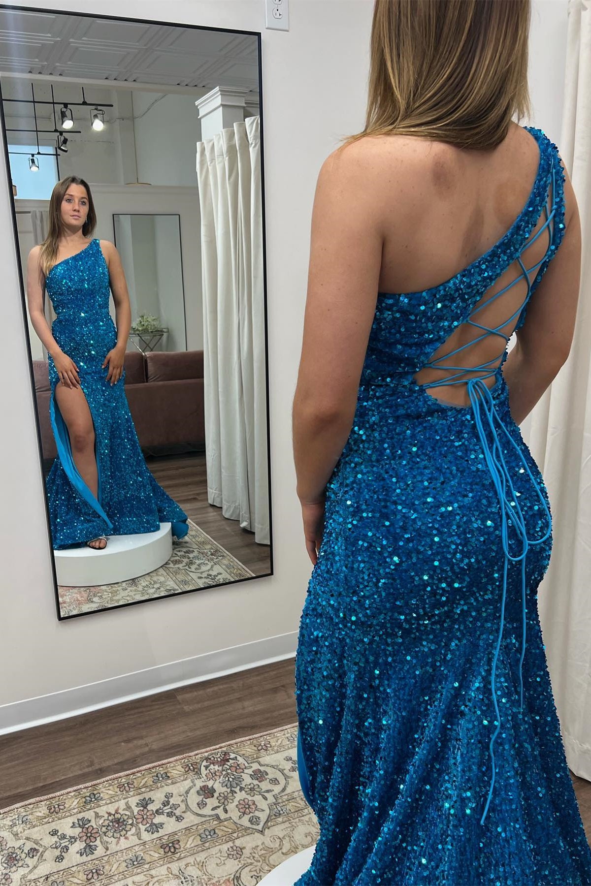 one shoulder chiffon applique floor length prom dress in blue